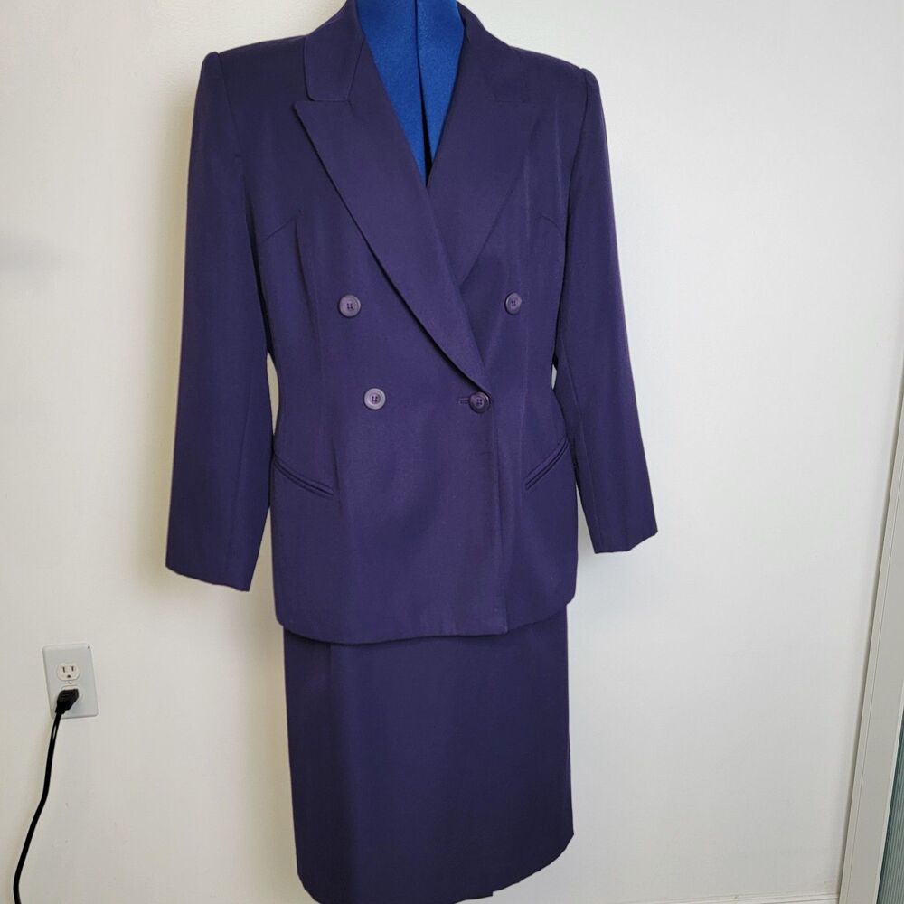 Petite Sophisticate Womens Royal Purple Double Breasted Lined Skirt Suit 12P EUC